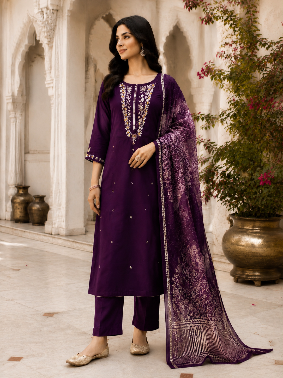 Vesh Grape Purple Yoke Design Chanderi kurta set