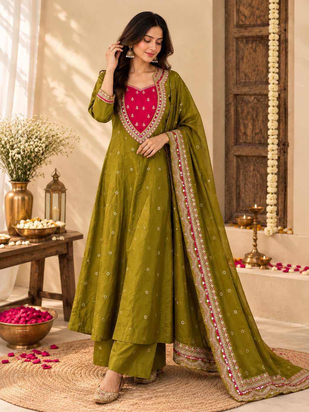 Vesh Olive Green Mirror Work Embroidered Chanderi Silk Anarkali Set