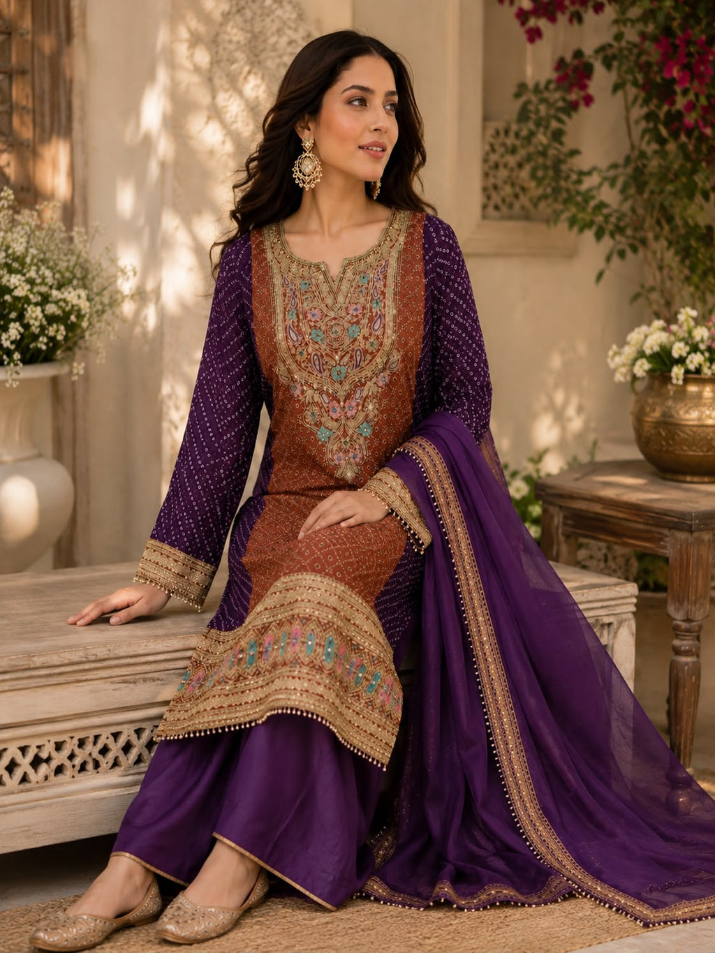 Vesh Purple & Brown Maslin Silk Bandhani Kurta Set