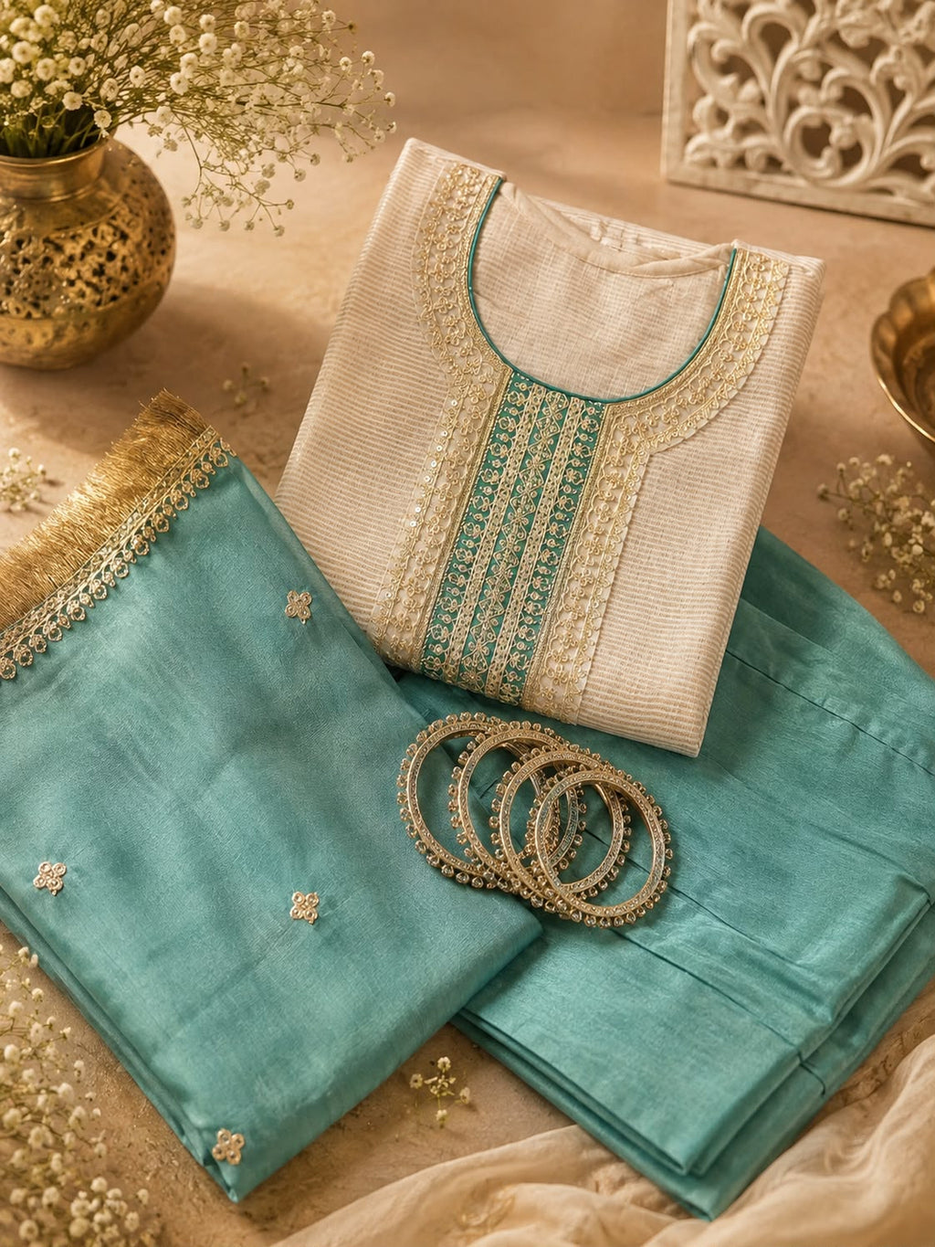 Vesh Cream & Pink Chanderi Kurta Set