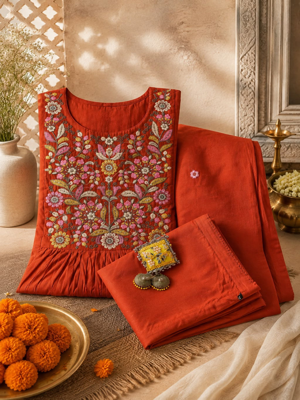 Vesh Teal Blue Cotton Embroidered Kurta Set