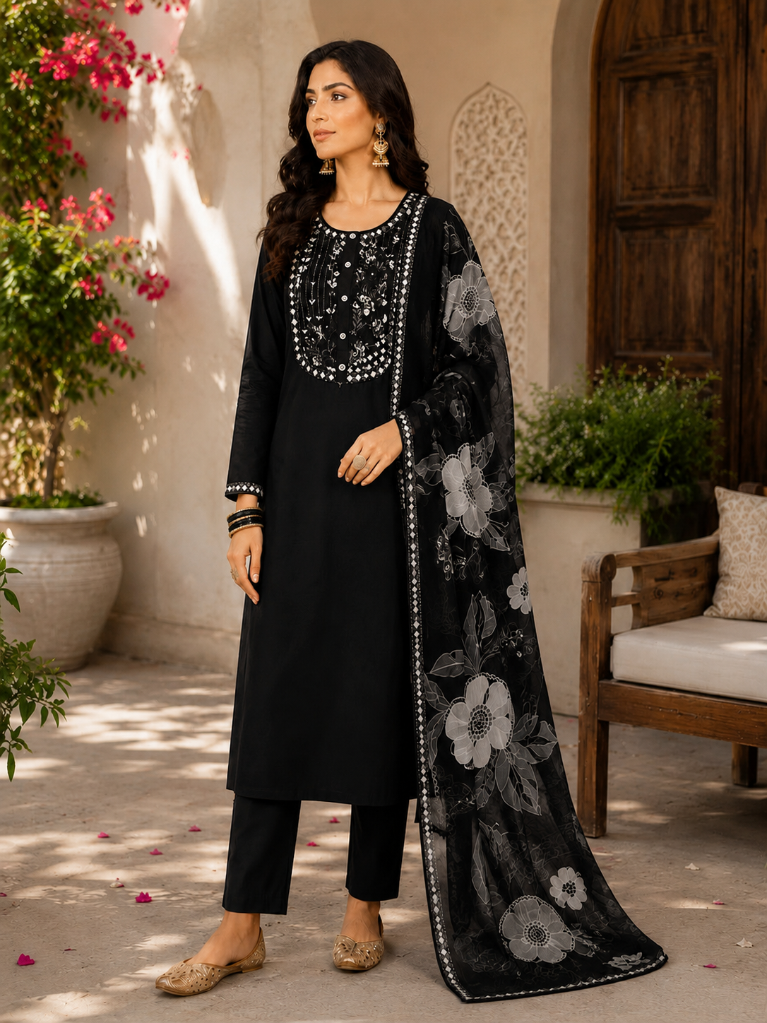 Vesh Black Motif Silk Blend Kurta Set