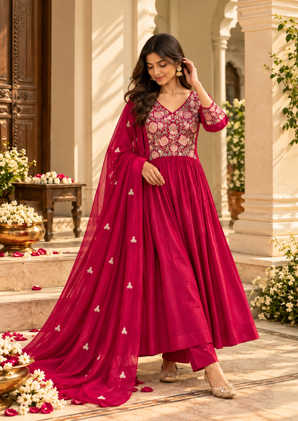 Vesh Magenta Rich Floral Mull Silk Anarkali Kurta Set