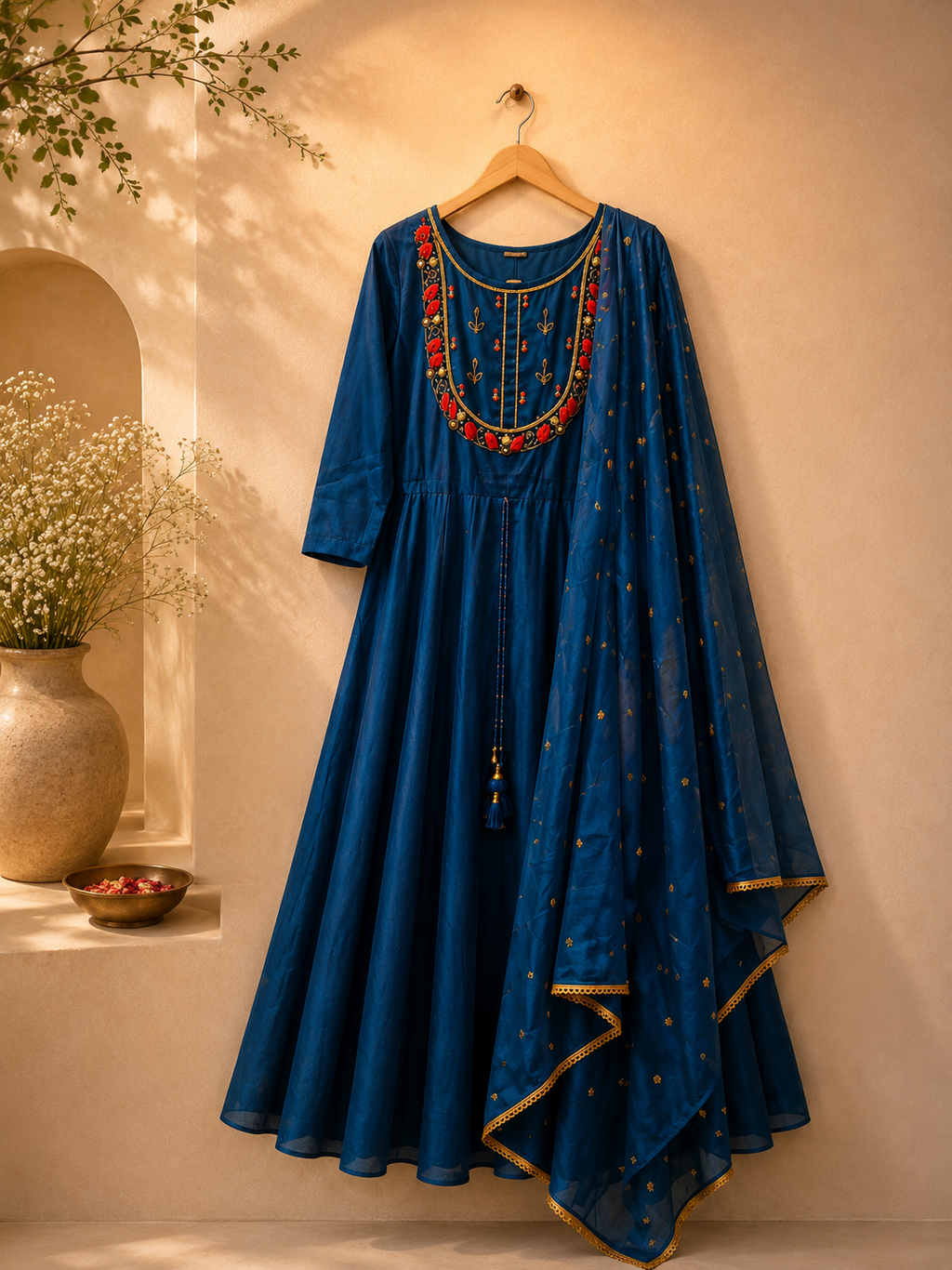 Vesh Teal Blue Rayon Silk Embroidered Anarkali Kurta Set