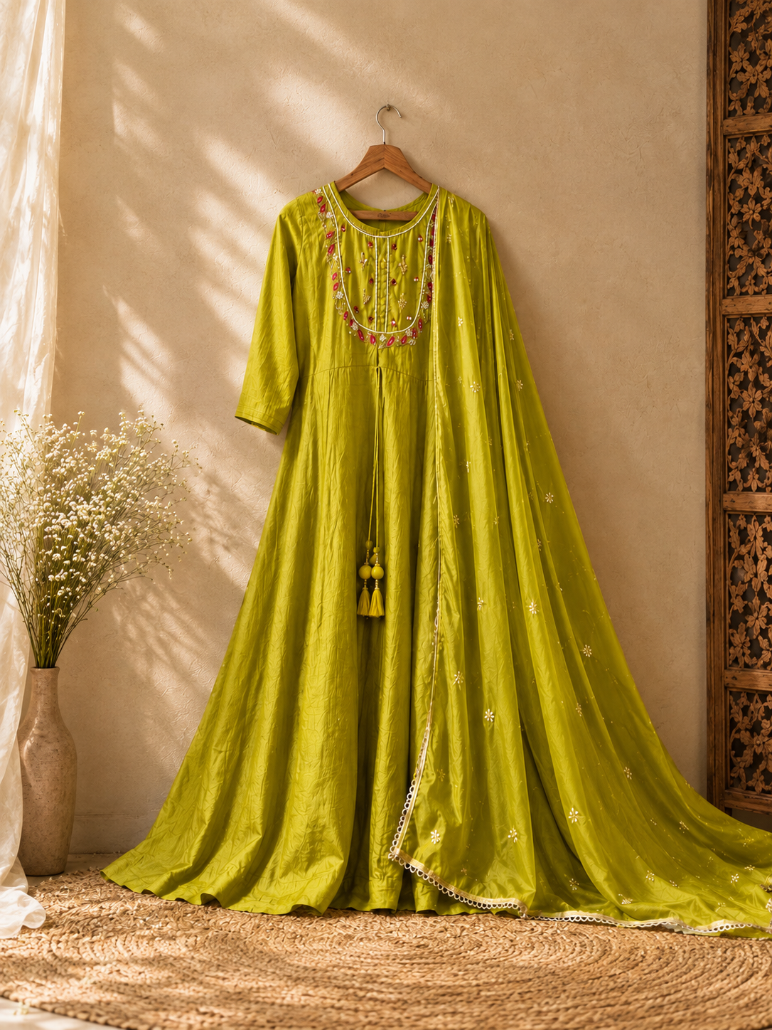 Vesh Lime Green Rayon Silk Embroidered Anarkali Kurta Set