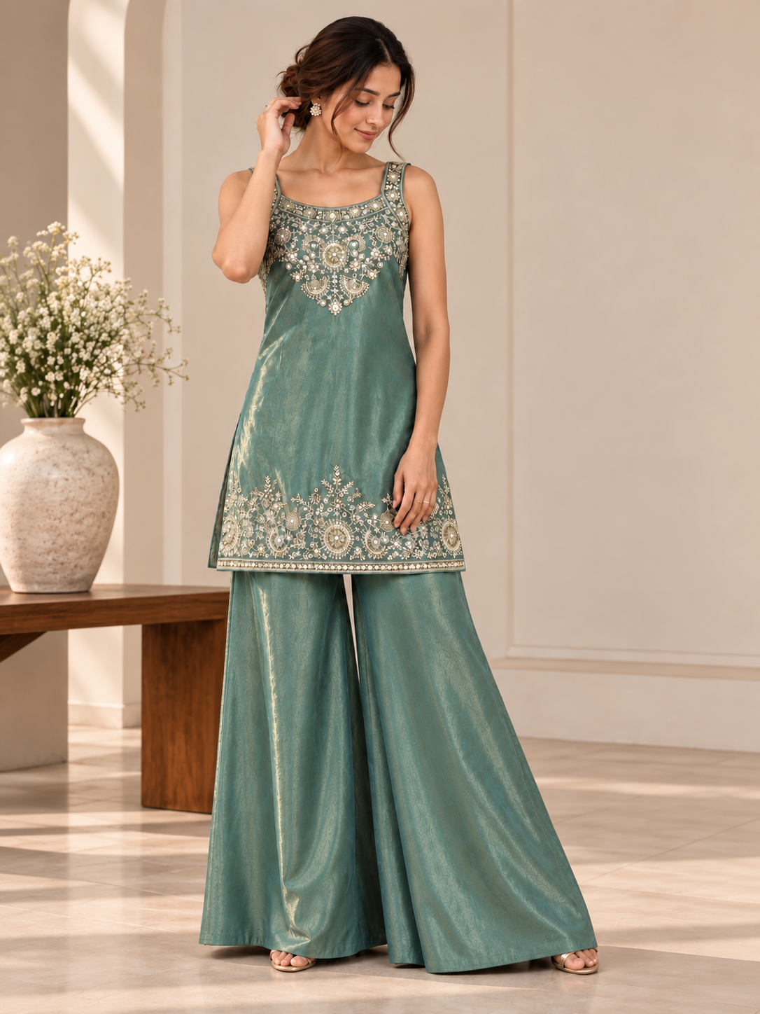 Vesh Dusty Teal Metallic Sheen Tissue Silk Sharara Set
