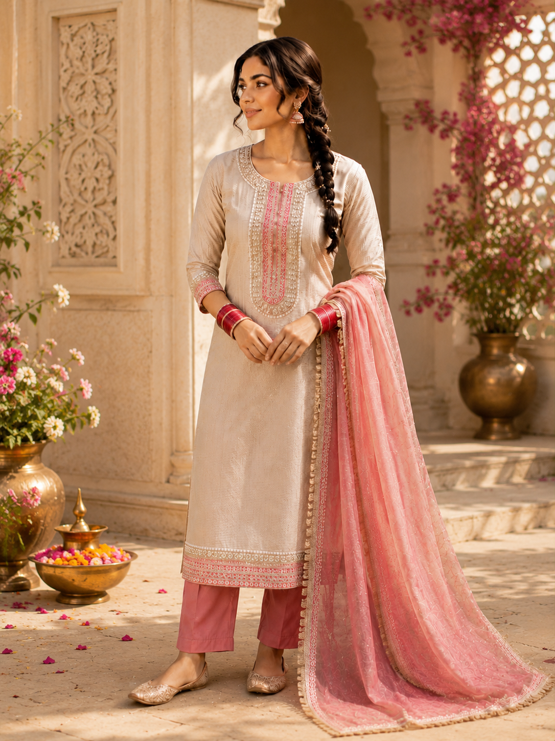 Vesh Cream & Pink Chanderi Kurta Set