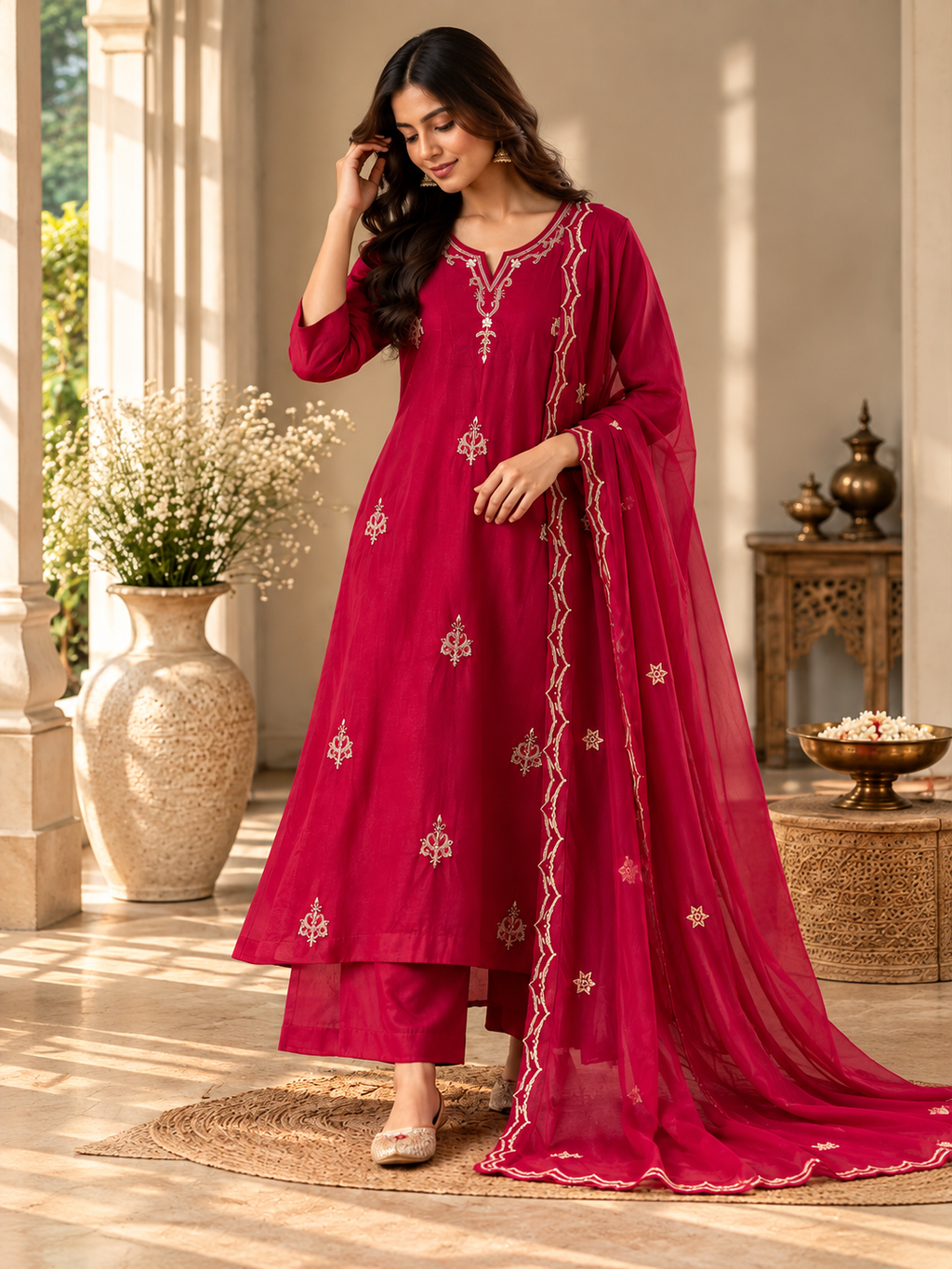 Vesh Rani Pink Mull Silk Minimal Embroidered A Line Kurta Set