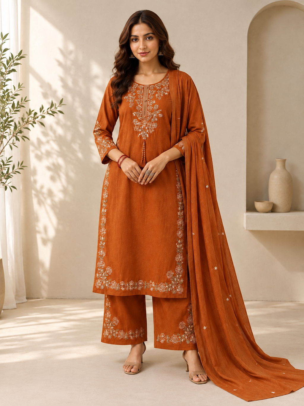 Vesh Rust Orange Pure Cotton Embroidered Kurta Set