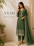 Vesh Sea Green Thread Embroidered Tissue Kurta Set