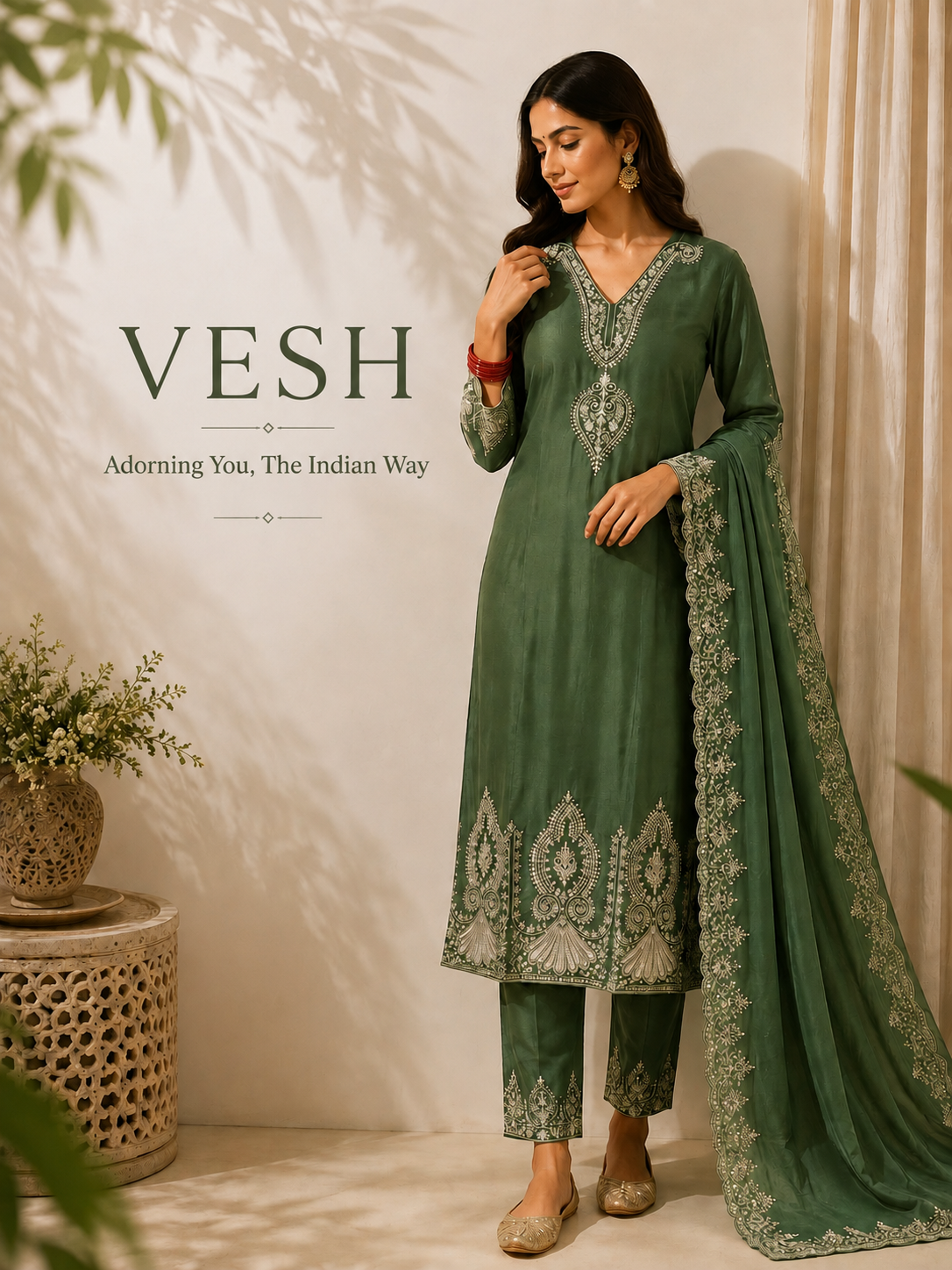 Vesh Sea Green Thread Embroidered Tissue Kurta Set