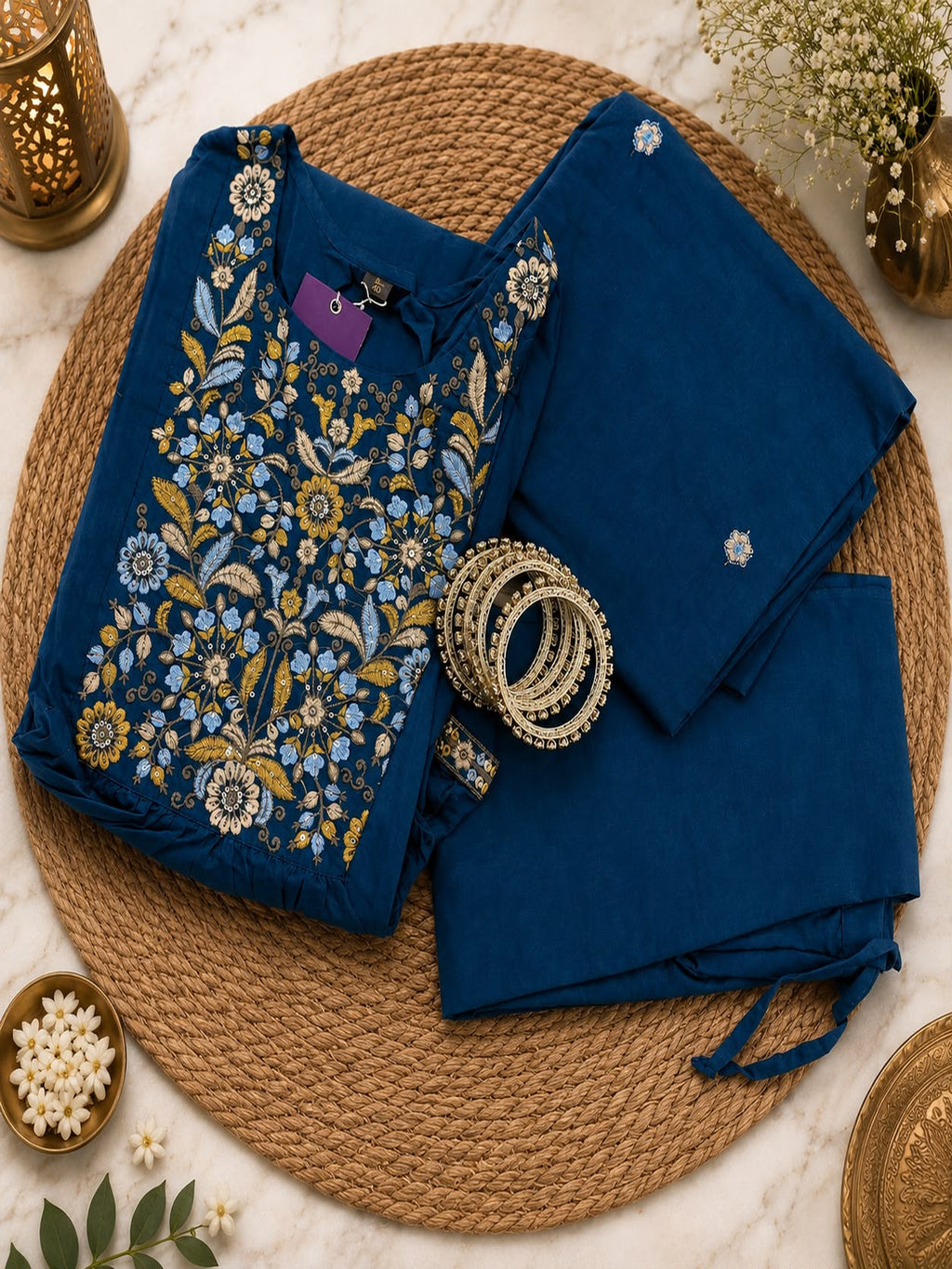Vesh Teal Blue Cotton Embroidered Kurta Set