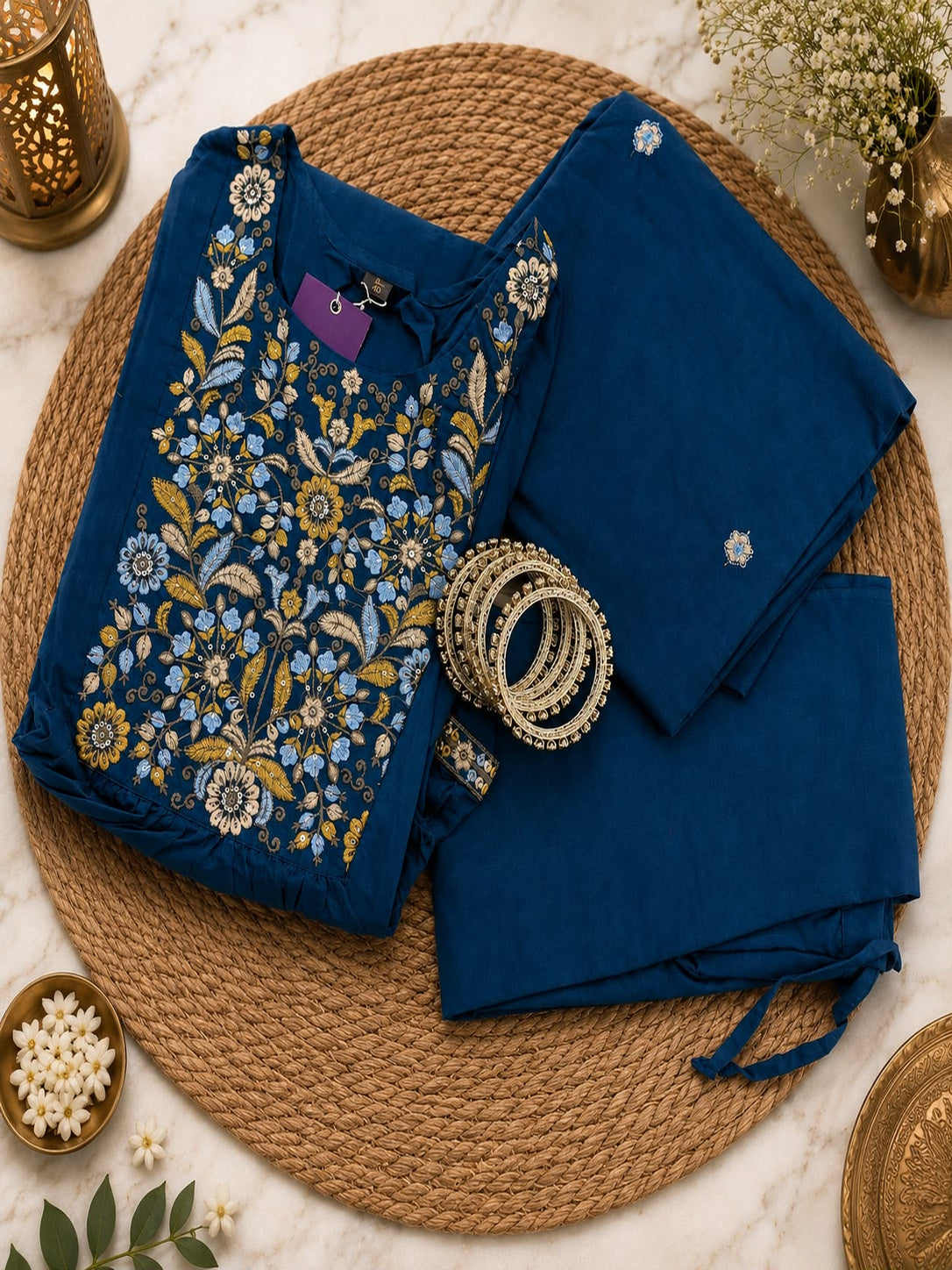 Vesh Teal Blue Cotton Embroidered Kurta Set