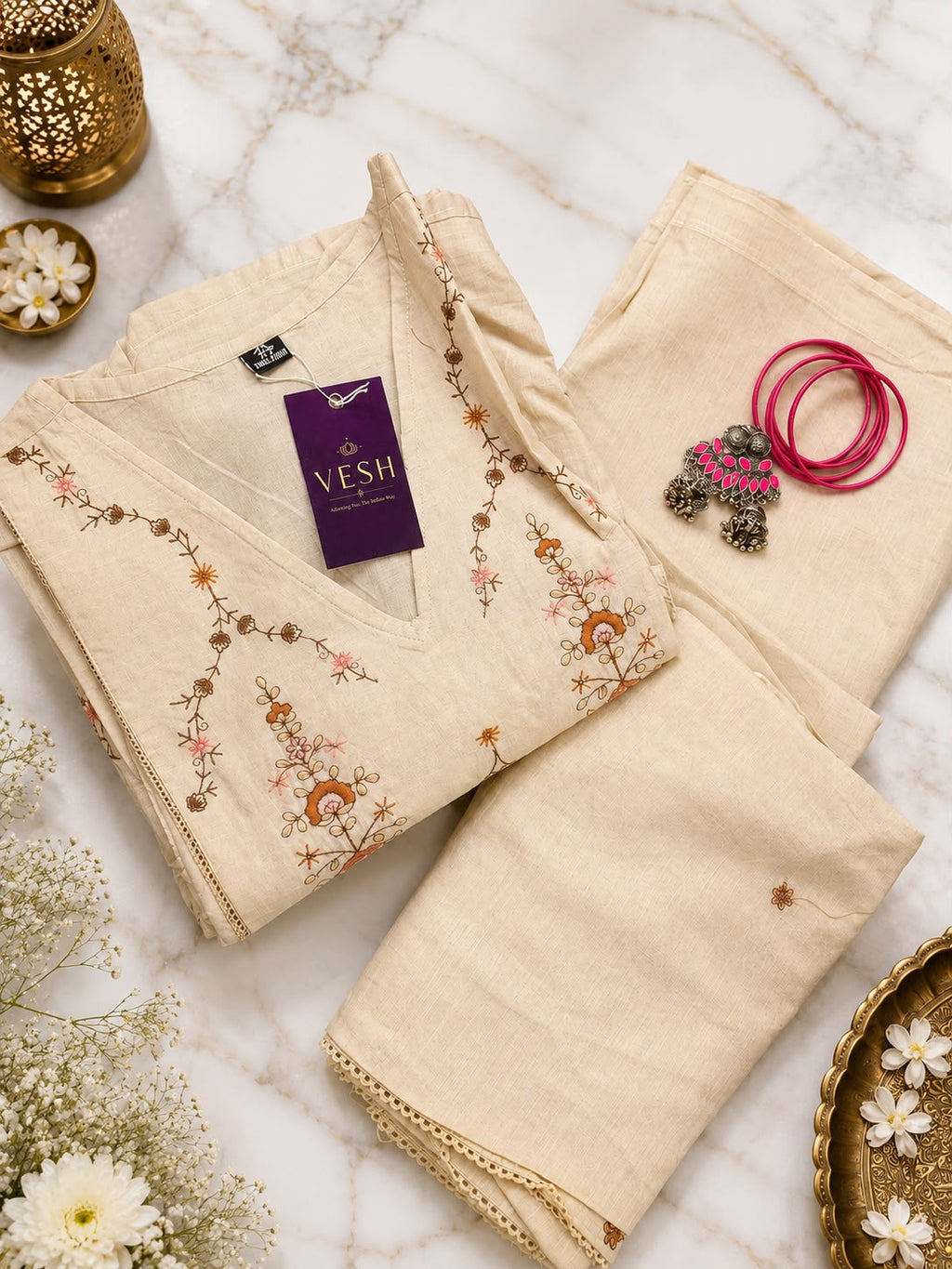 Vesh Tan Brown Cotton Embroidered A Line Kurta Set
