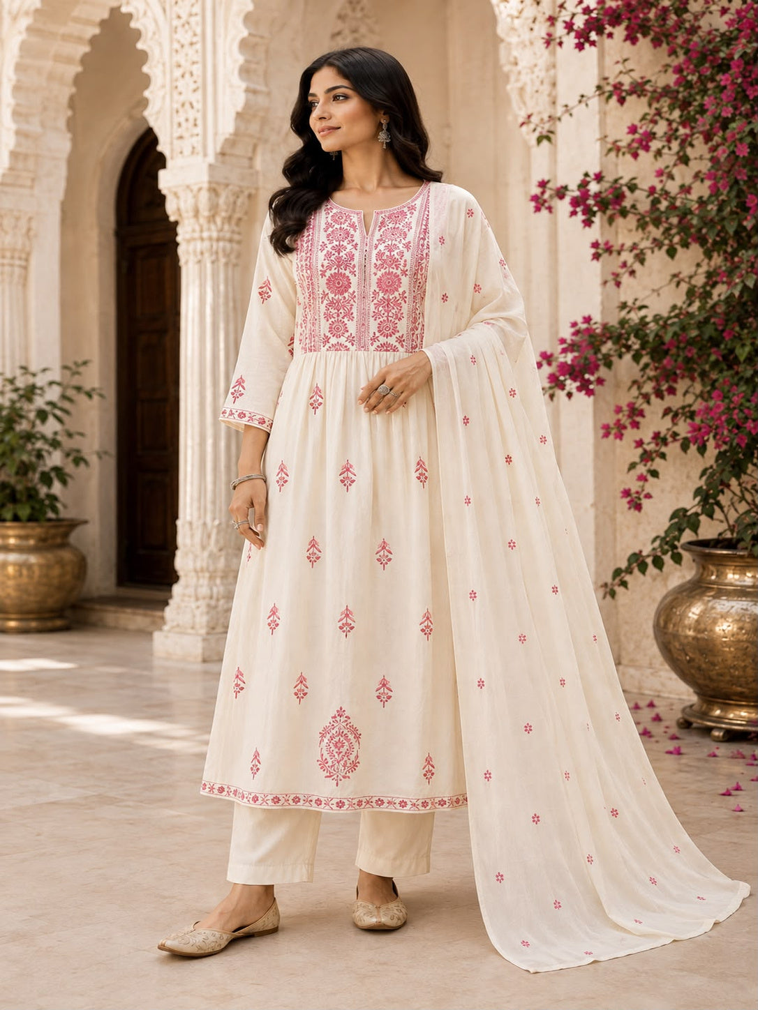 Vesh Off White Woven Design Anarkali Kurta Set