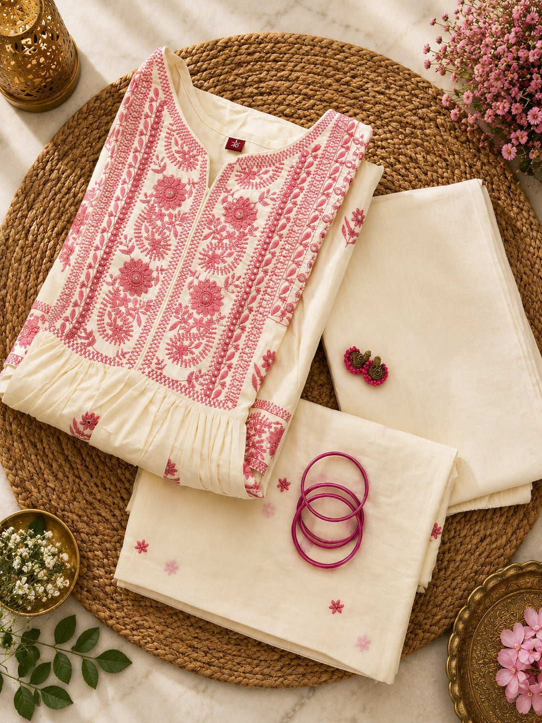 Vesh Off White Woven Design Anarkali Kurta Set