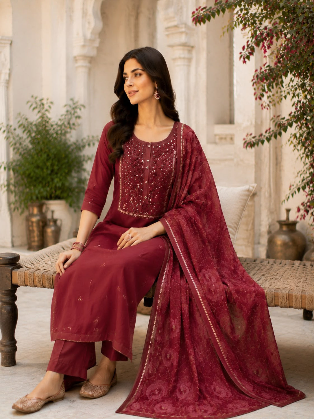 Vesh Maroon Motif Silk Blend Kurta Set