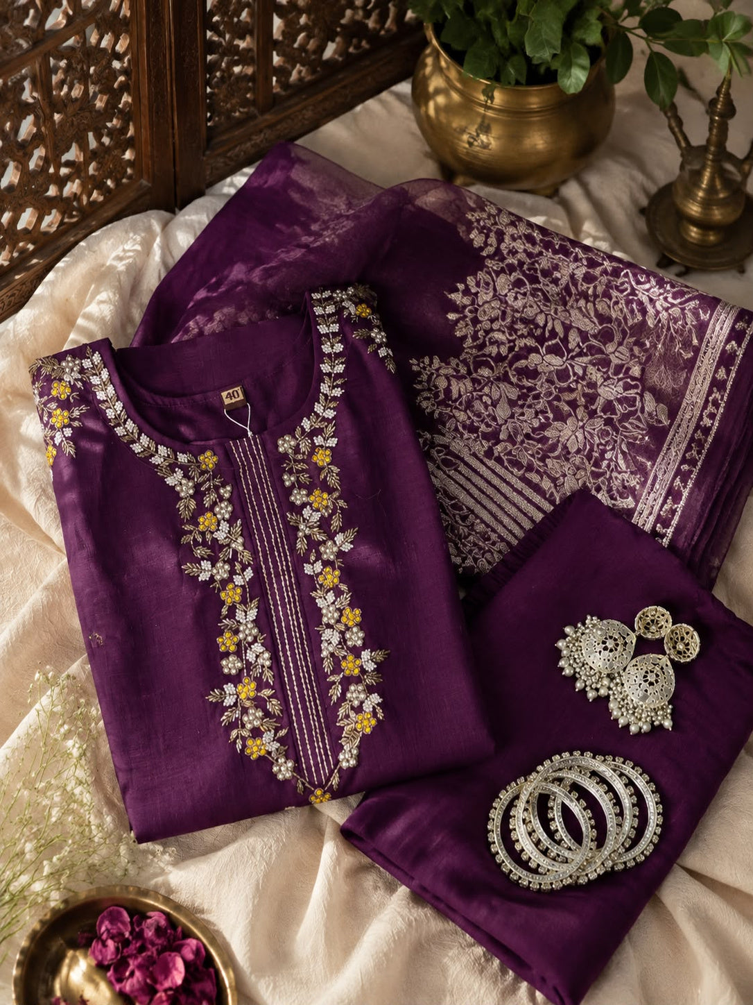 Vesh Grape Purple Yoke Design Chanderi kurta set