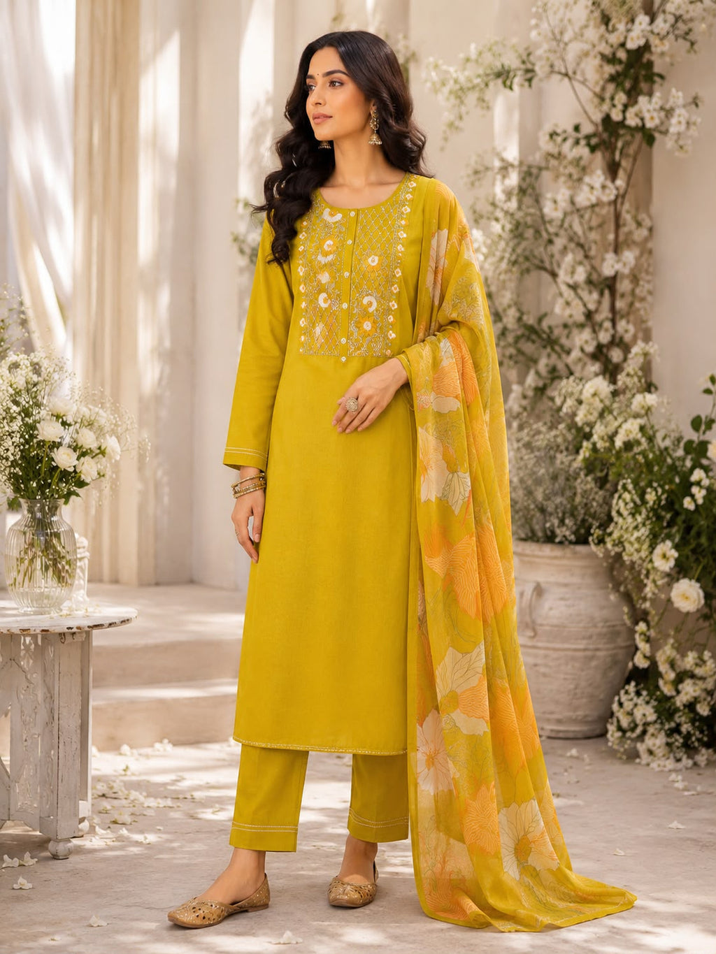 Vesh Mustard Yellow Motif Silk Blend Kurta Set