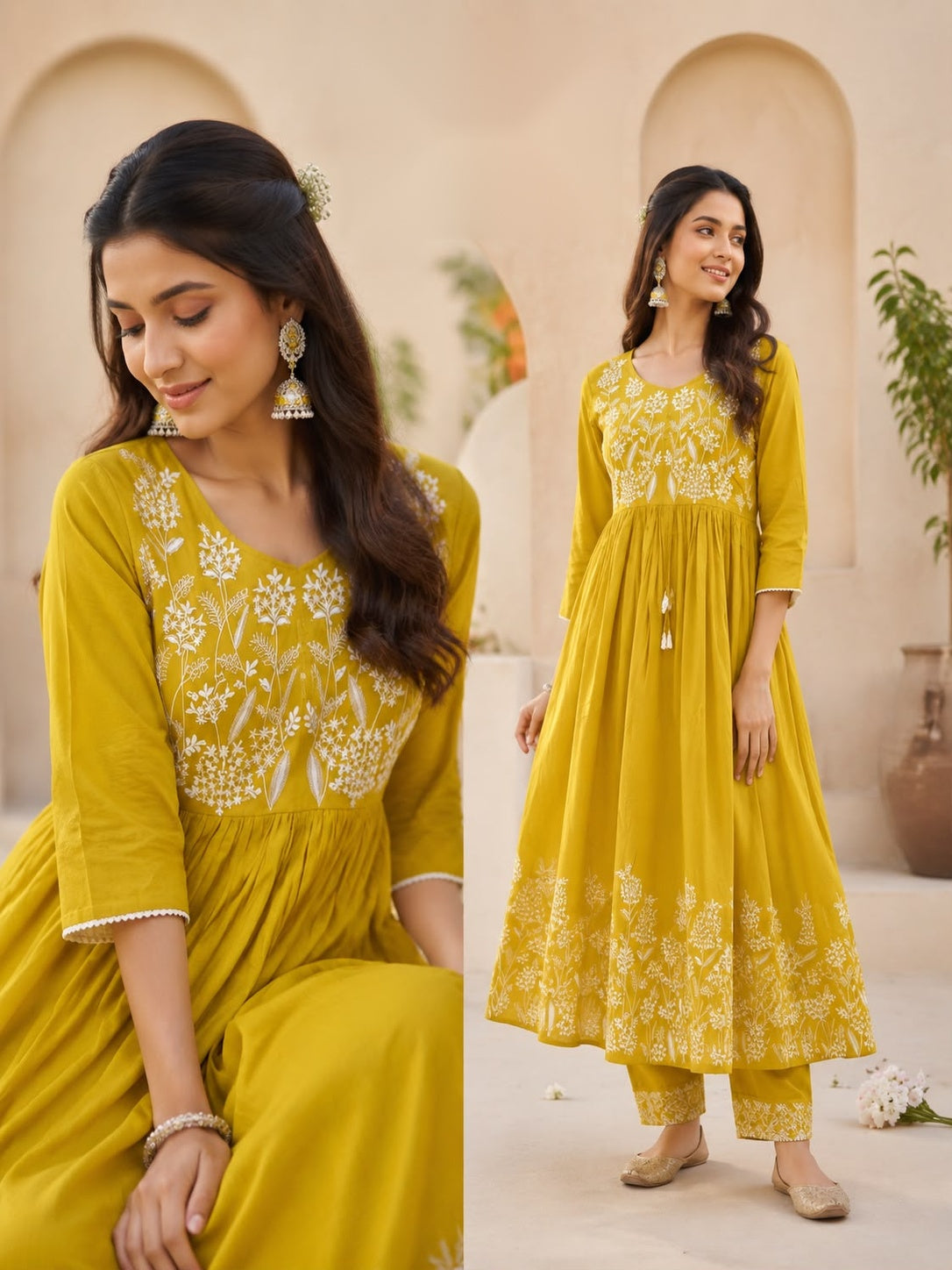 Vesh Mustard Yellow Cotton Embroidered Anarkali Kurta Set