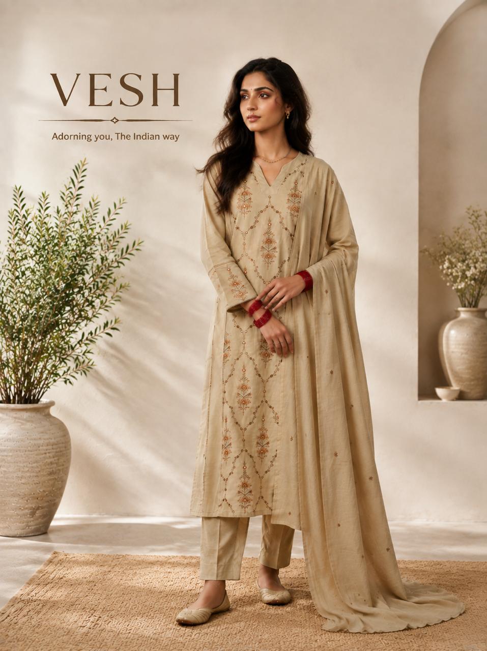 Vesh Tan Brown Cotton Embroidered A Line Kurta Set