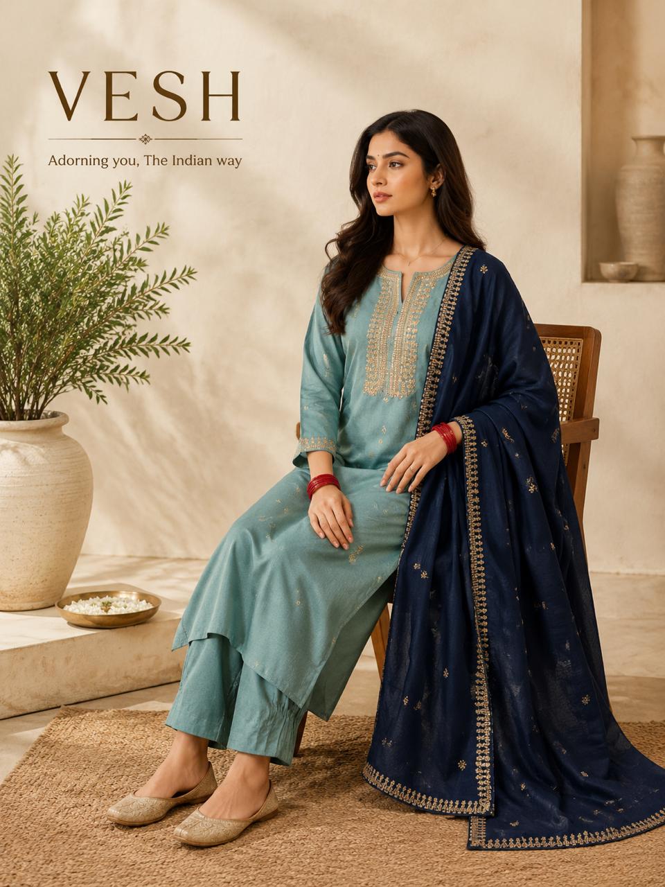 Vesh Martin Teal Jaguar Silk  Embroidered Kurta Set