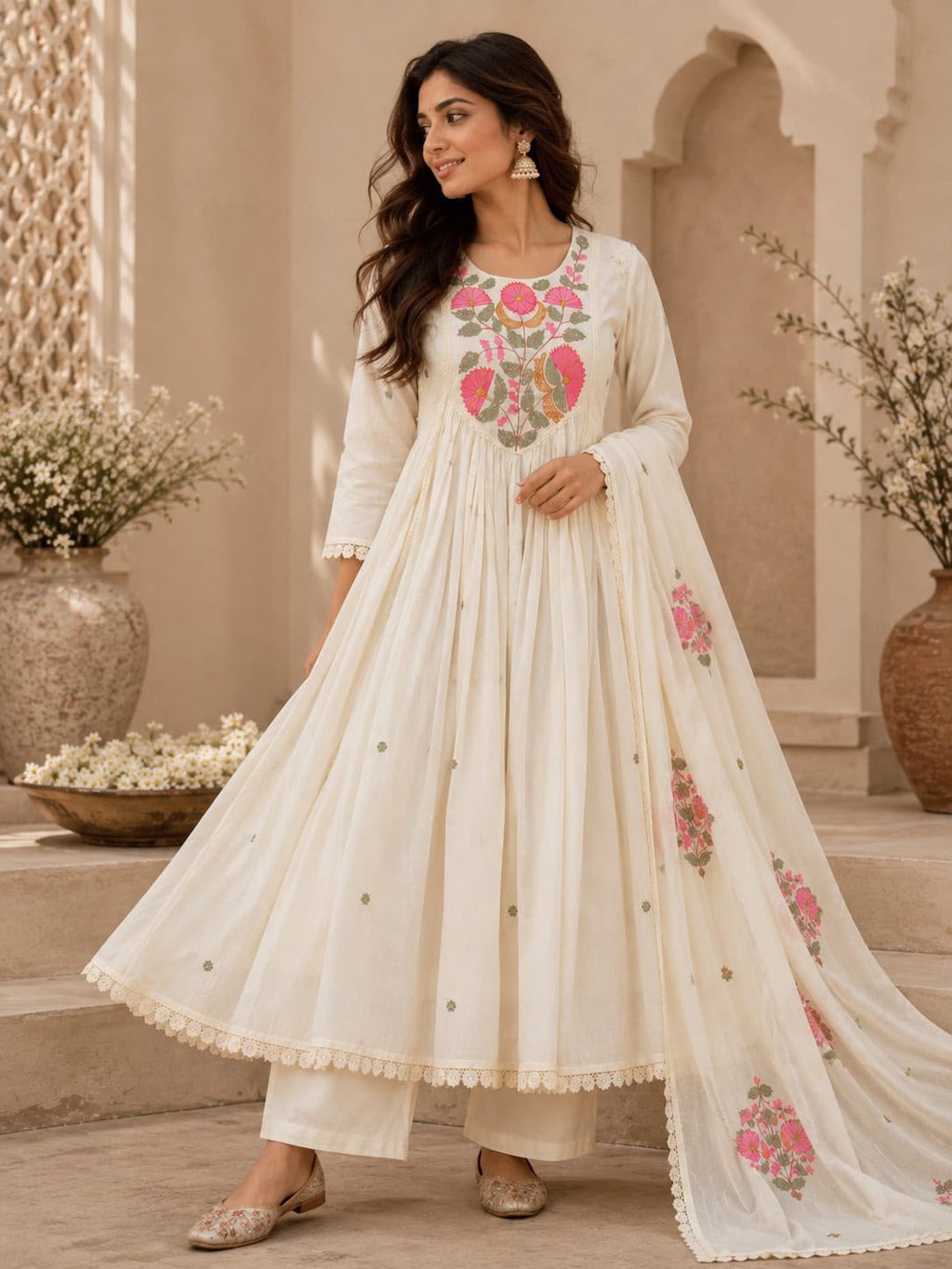 Vesh Cream Floral Cotton Pearl Embroidered Anarkali Kurta Set