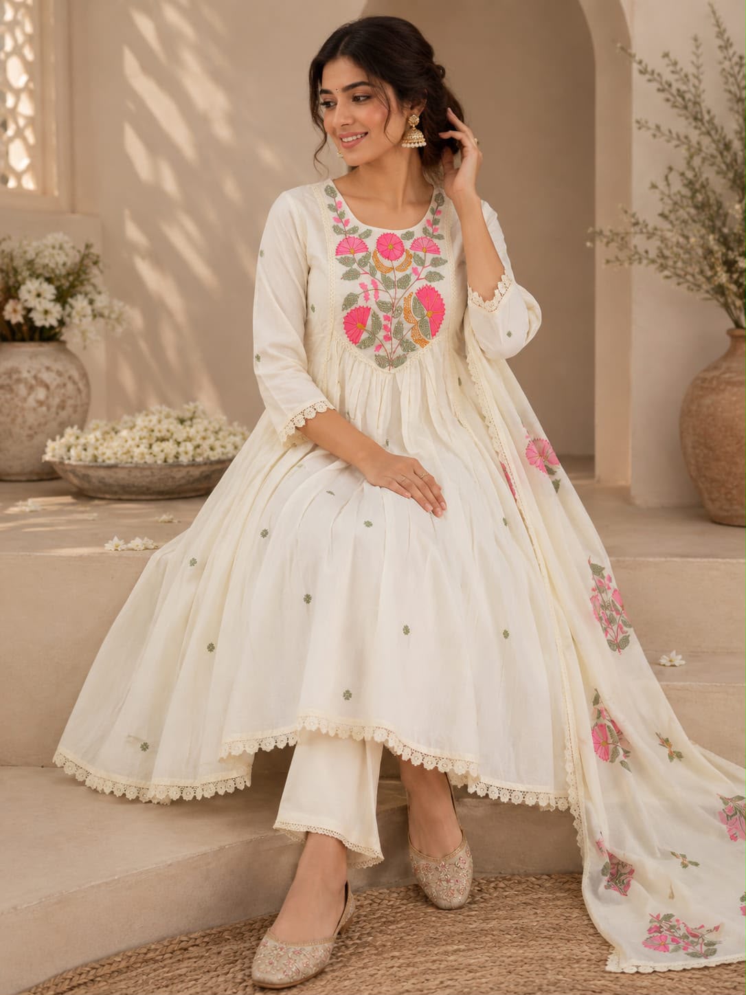Vesh Cream Floral Cotton Pearl Embroidered Anarkali Kurta Set