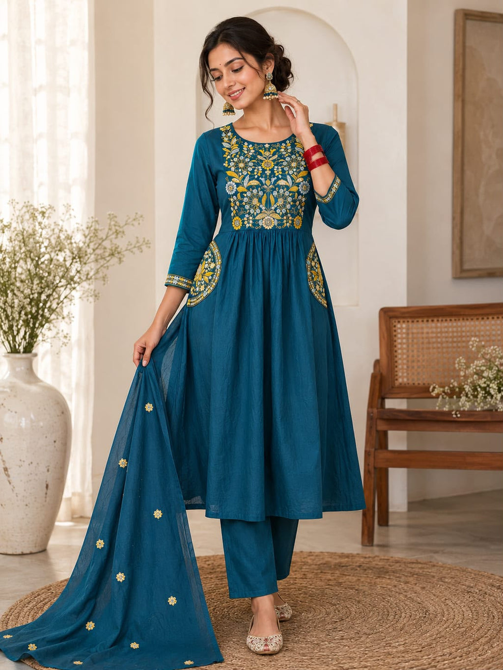 Vesh Teal Blue Cotton Embroidered Kurta Set