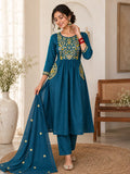 Vesh Teal Blue Cotton Embroidered Kurta Set