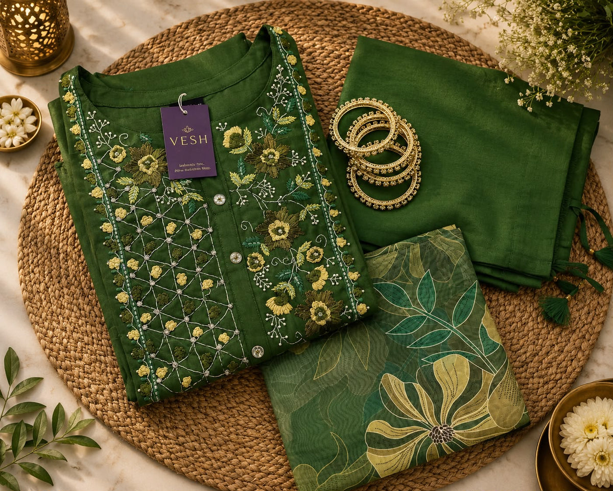 Vesh Bottle Green Motif Silk Blend Kurta Set