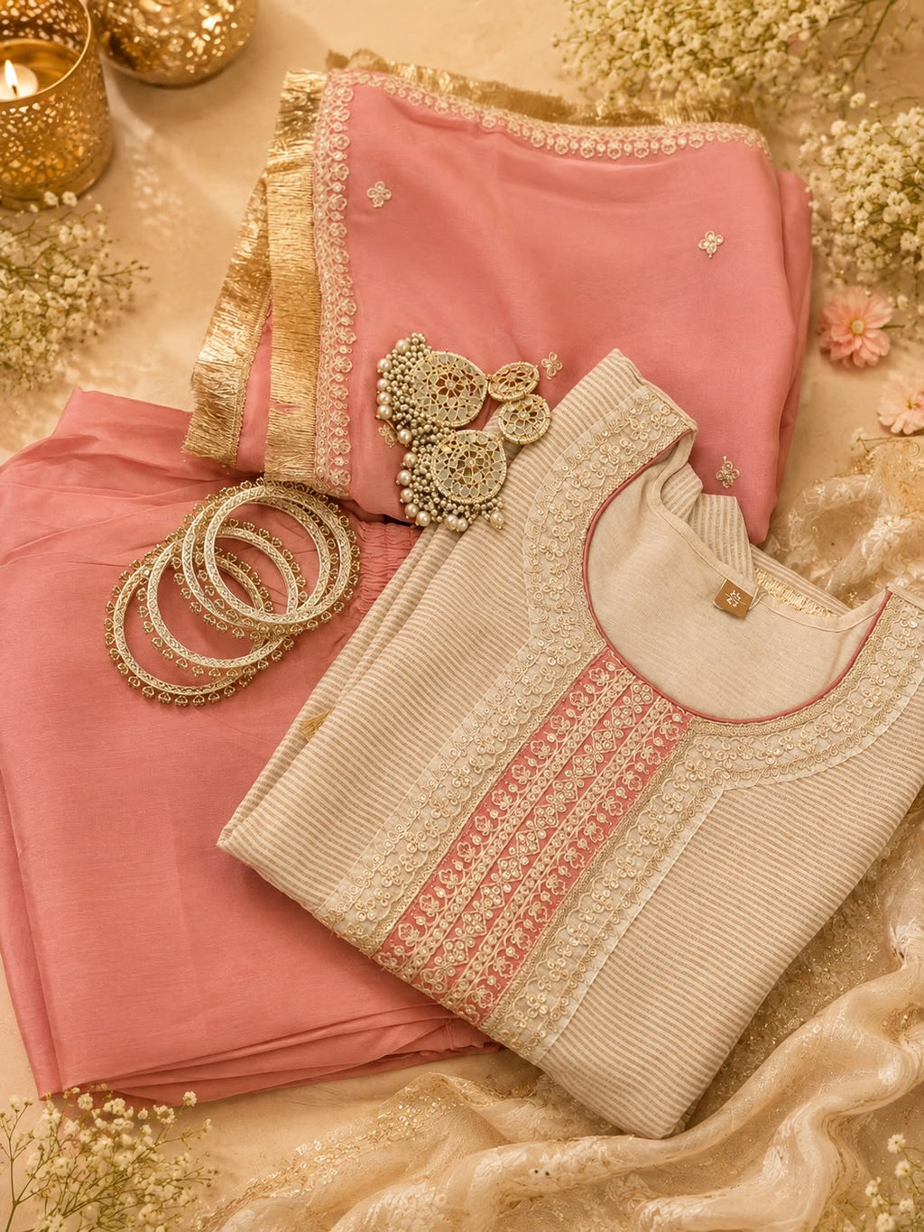 Vesh Cream & Pink Chanderi Kurta Set