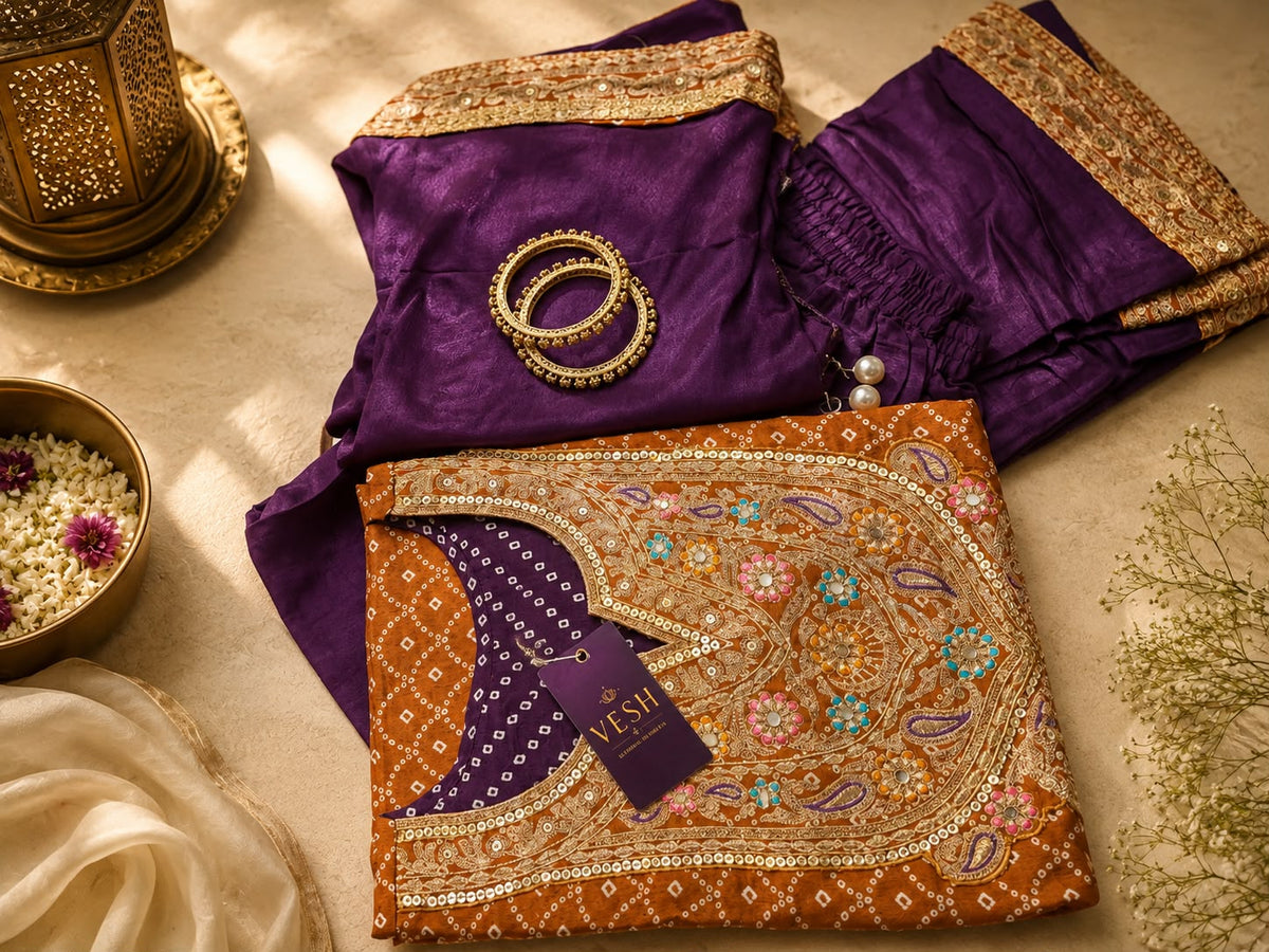 Vesh Purple & Brown Maslin Silk Bandhani Kurta Set