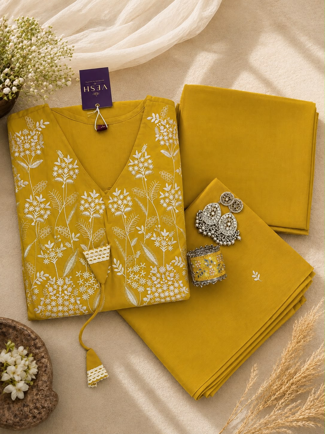 Vesh Mustard Yellow Cotton Embroidered Anarkali Kurta Set