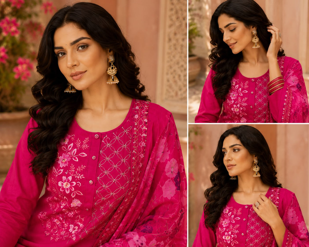 Vesh Magenta Motif Silk Blend Kurta Set