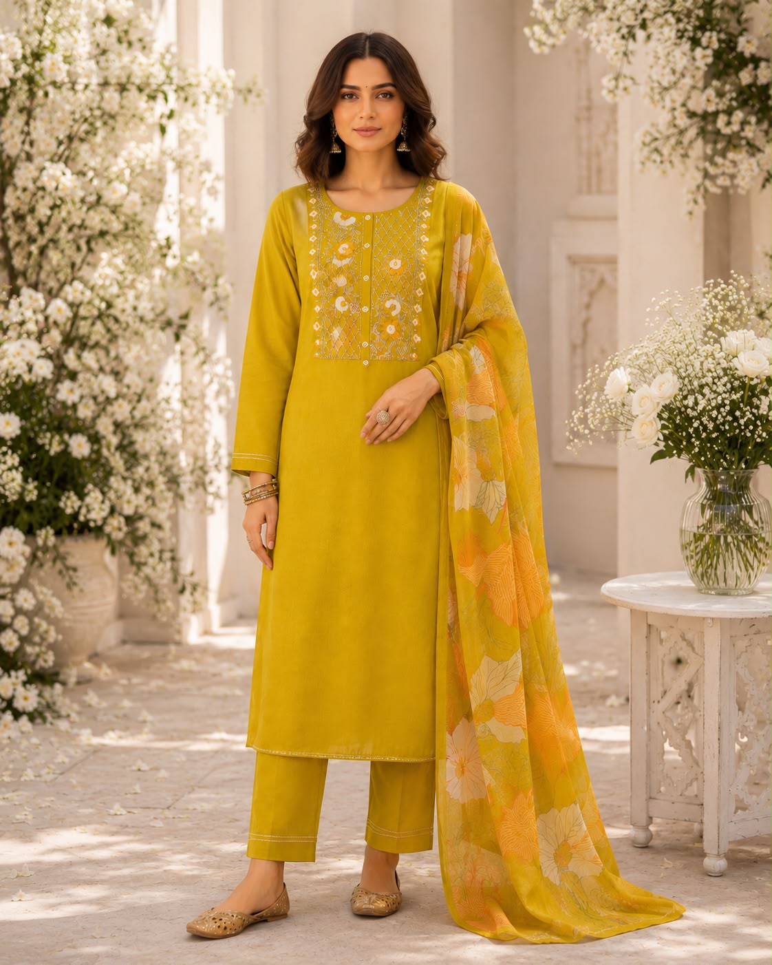 Vesh Mustard Yellow Motif Silk Blend Kurta Set