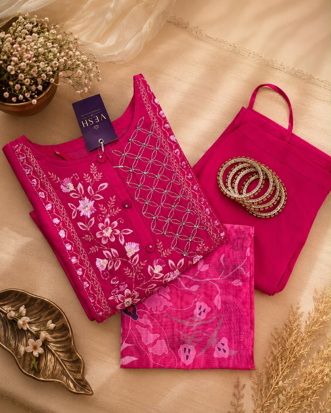 Vesh Magenta Motif Silk Blend Kurta Set