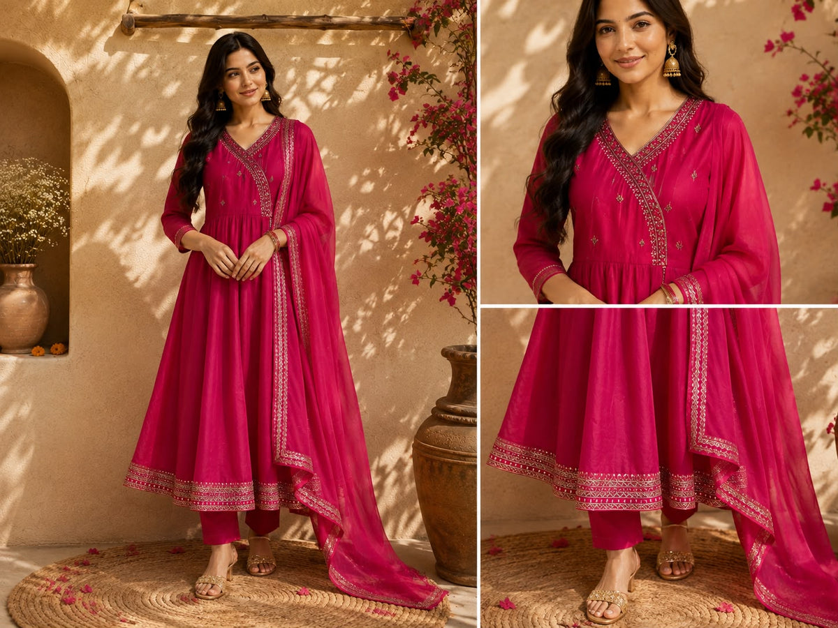 Vesh Magenta Silk Anarkali Kurta Set
