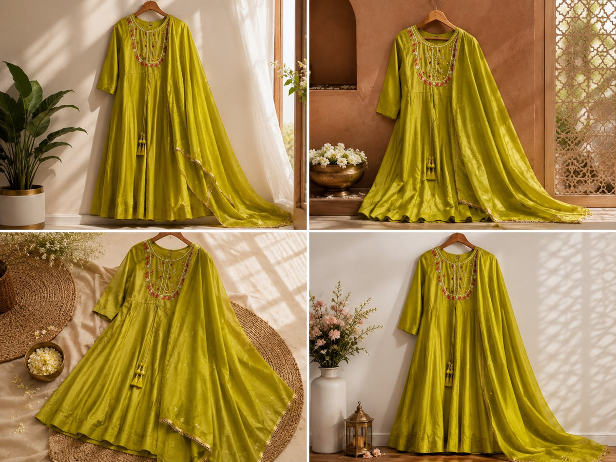 Vesh Lime Green Rayon Silk Embroidered Anarkali Kurta Set