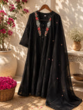 Vesh Black Mull Cotton Embroidered A Line Kurta Set