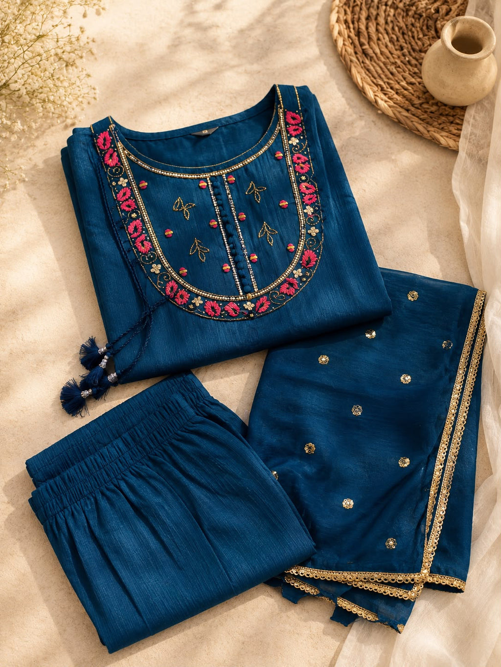 Vesh Teal Blue Rayon Silk Embroidered Anarkali Kurta Set