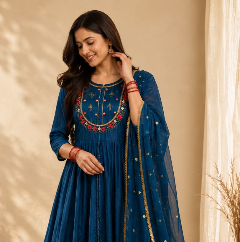 Vesh Teal Blue Rayon Silk Embroidered Anarkali Kurta Set