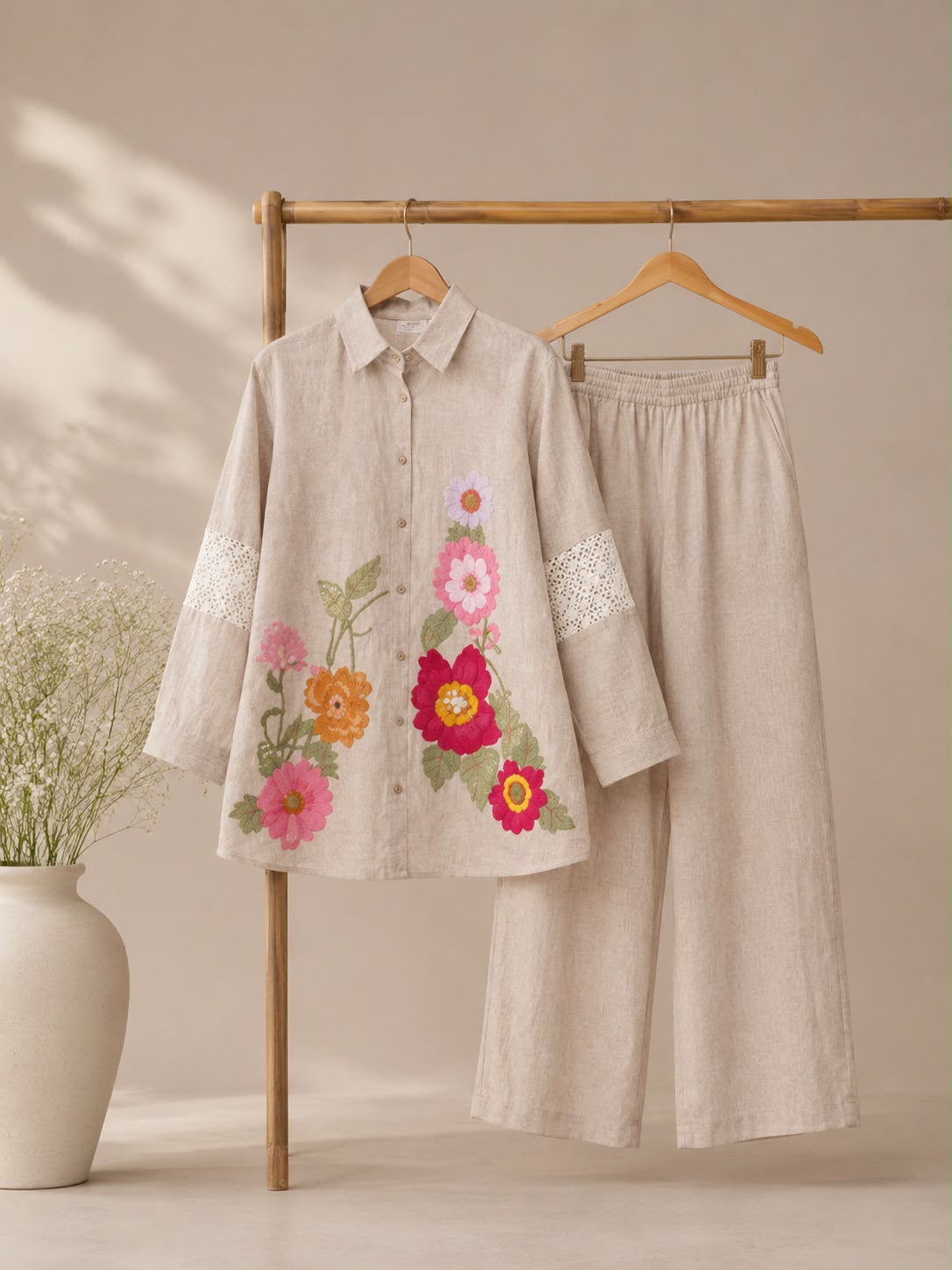 Vesh Beige Mocha Linen Bloom Co-ord Set