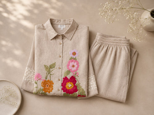 Vesh Beige Mocha Linen Bloom Co-ord Set