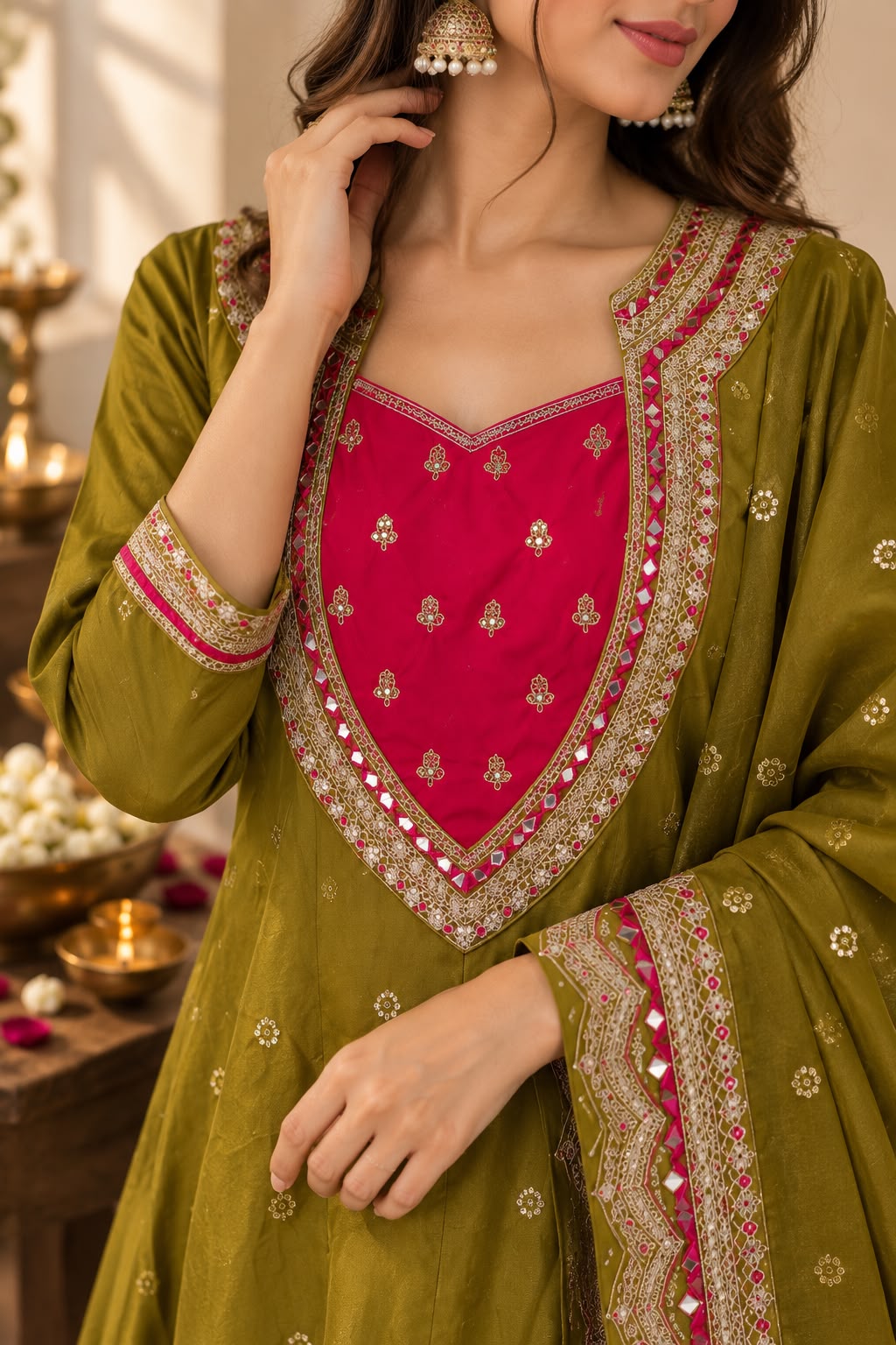 Vesh Olive Green Mirror Work Embroidered Chanderi Silk Anarkali Set