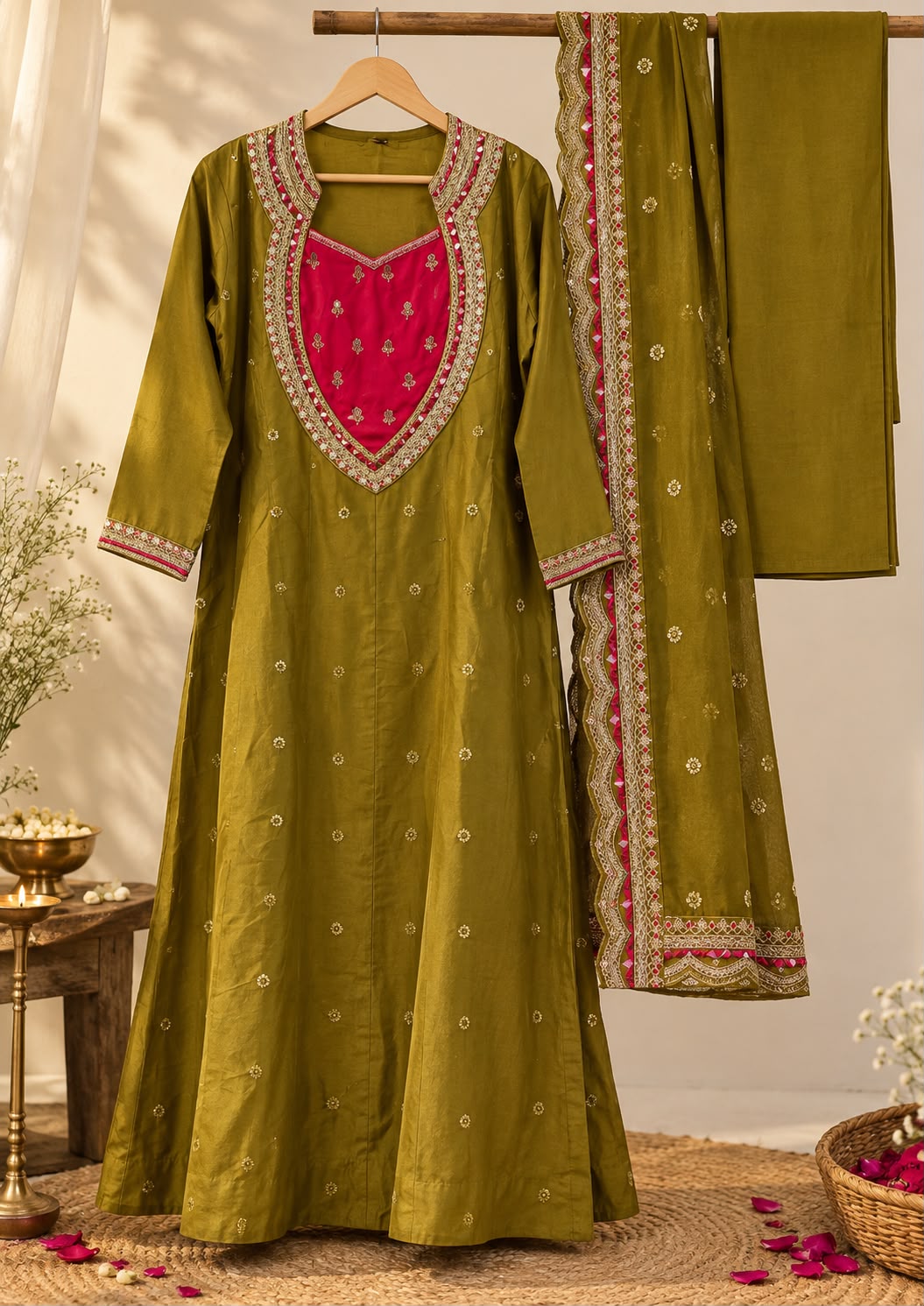 Vesh Olive Green Mirror Work Embroidered Chanderi Silk Anarkali Set