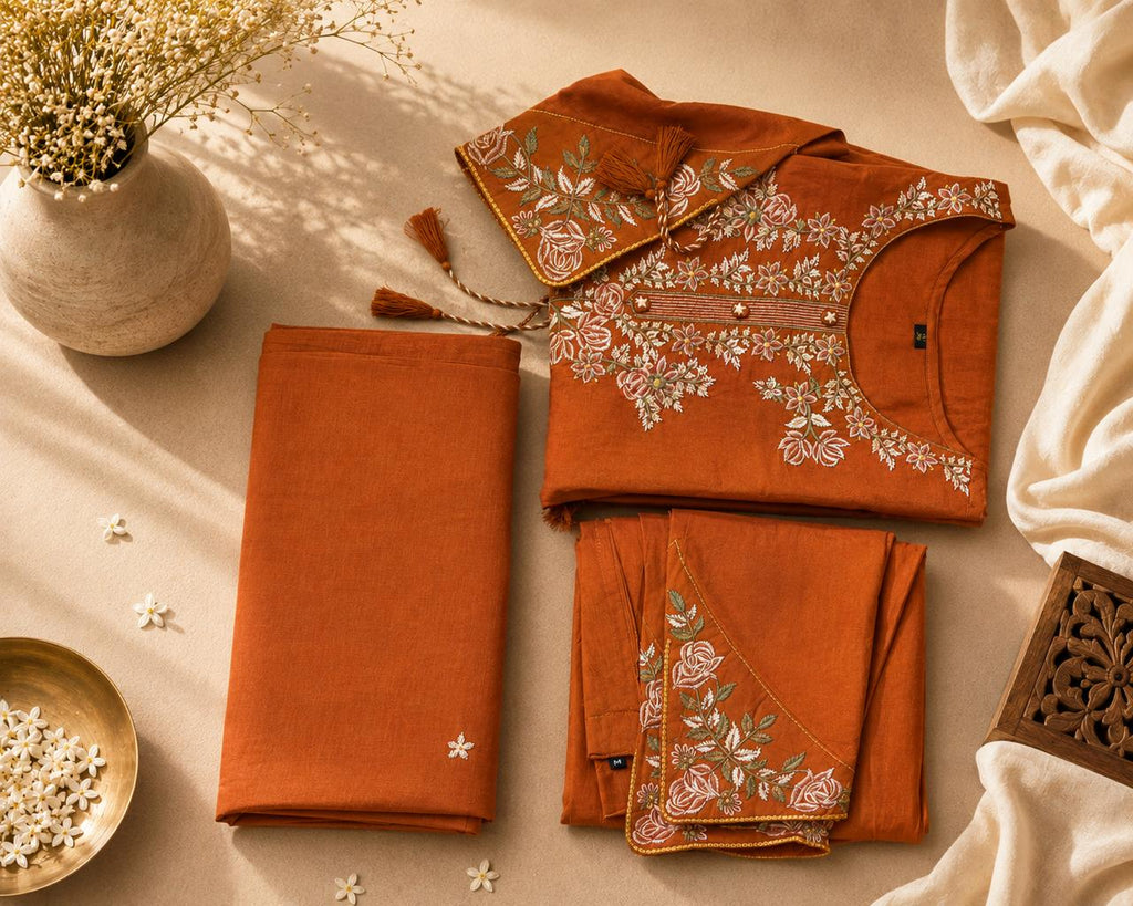 Vesh Rust Orange Pure Cotton Embroidered Kurta Set