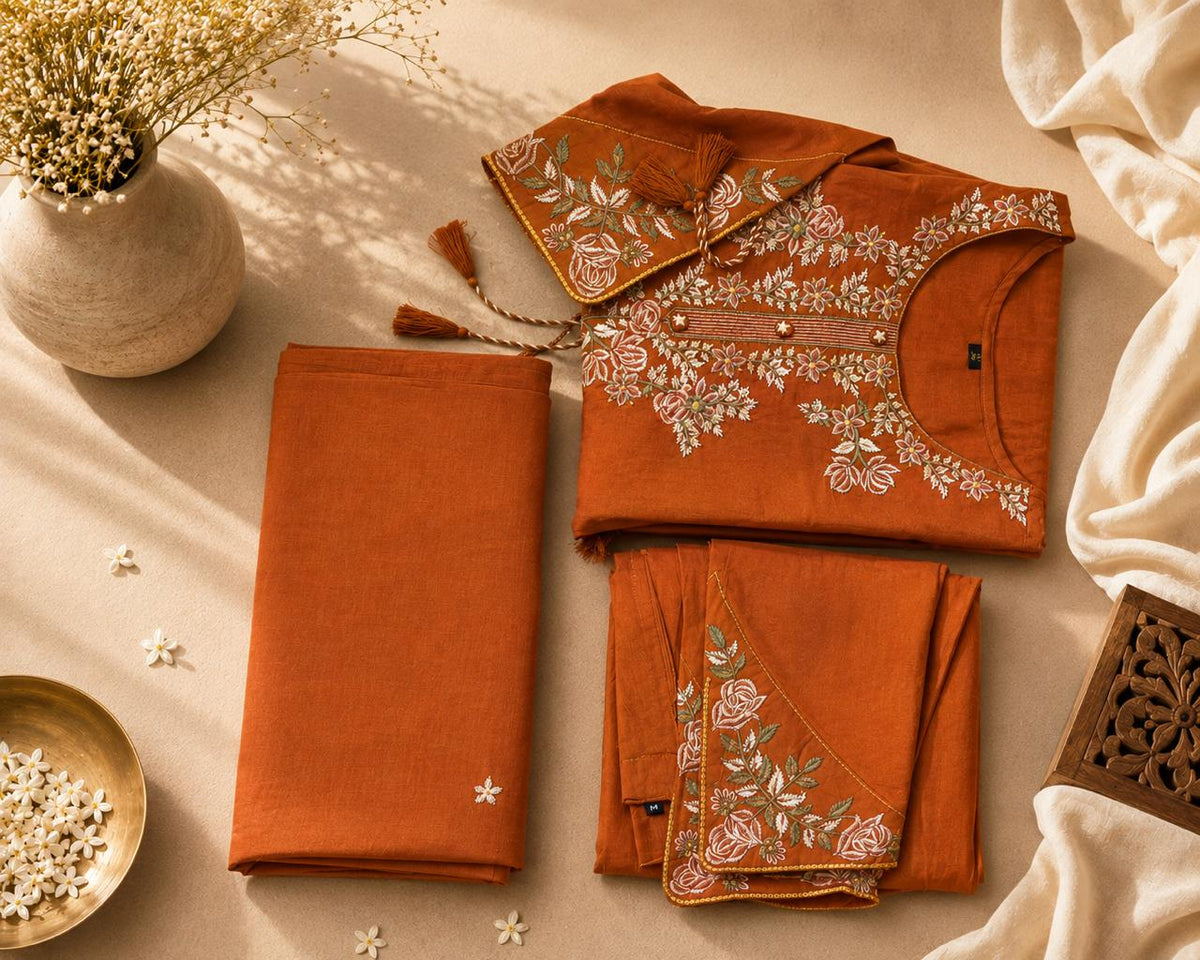 Vesh Rust Orange Pure Cotton Embroidered Kurta Set