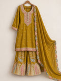 Vesh Mustard Yellow Viscose Silk Multi Color Embroidered Kurt With Sharara