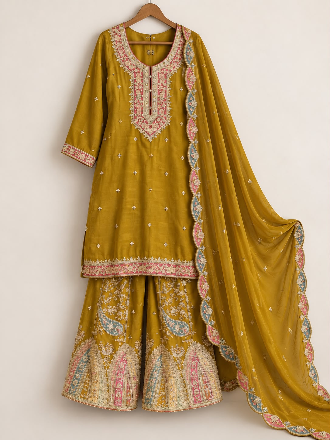Vesh Mustard Yellow Viscose Silk Multi Color Embroidered Kurt With Sharara